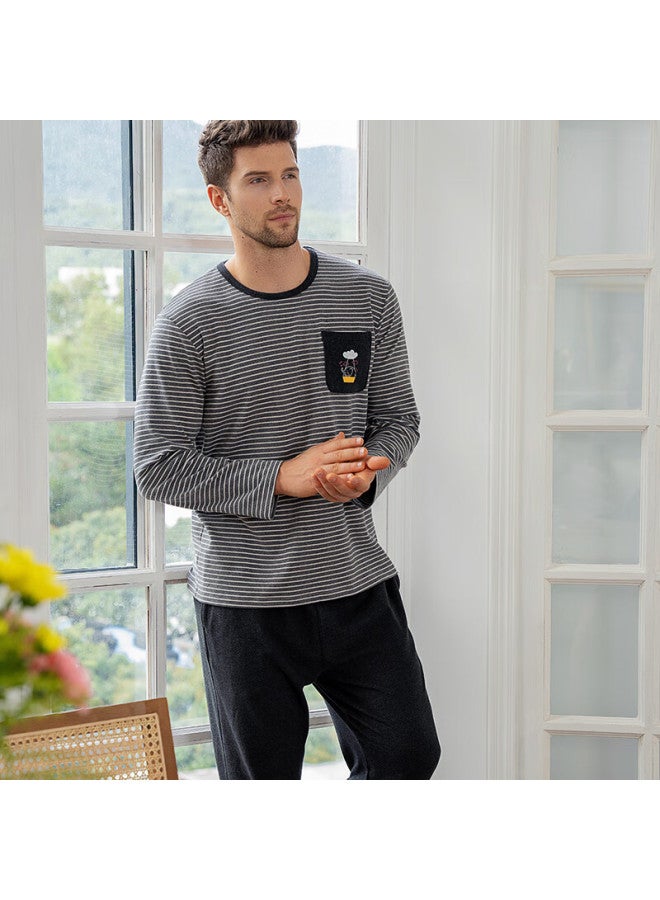 MEIBIAO American Standard Men's Long Sleeve Cotton Striped Casual Loose Homewear Pajama Set, Wearable Outside, Dark Gray, L - Image 1