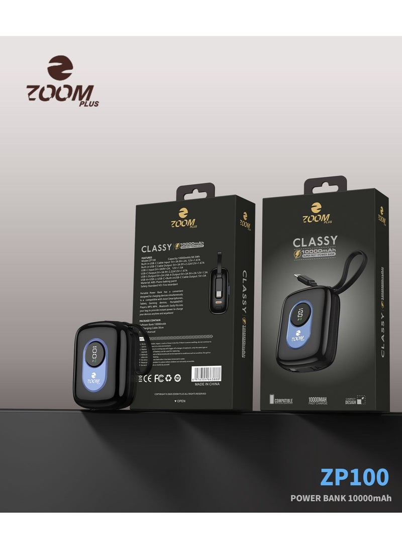 Zoom Plus ZP100 Classy Series – Ultra-Compact 10000mAh Power Bank with Built-in Cables and Digital Display for On-the-Go Charging - Image 3