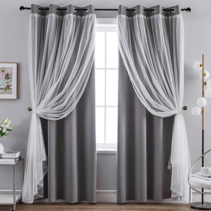 HOME CURTAINS BLACKOUT AND SHEER LAYERED SOLID WINDOW CURTAIN PANEL PAIR WITH GROMMET TOP 52WX63LGREY