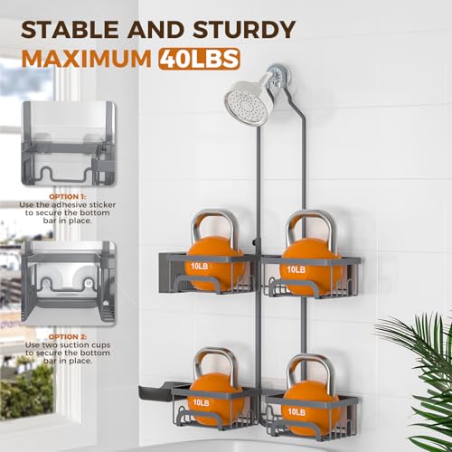 REINHARDT Adjustable Shower Caddy Hanging Split Shower Caddy for Handheld Showerheads, Rustproof Shower Organizer with Hooks for Razors Over the Head Caddy with Soap Holder Bathroom Accessories, Grey - Image 3