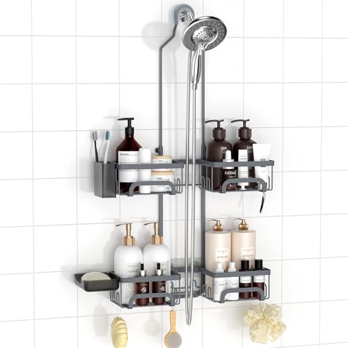 REINHARDT Adjustable Shower Caddy Hanging Split Shower Caddy for Handheld Showerheads, Rustproof Shower Organizer with Hooks for Razors Over the Head Caddy with Soap Holder Bathroom Accessories, Grey - Image 1
