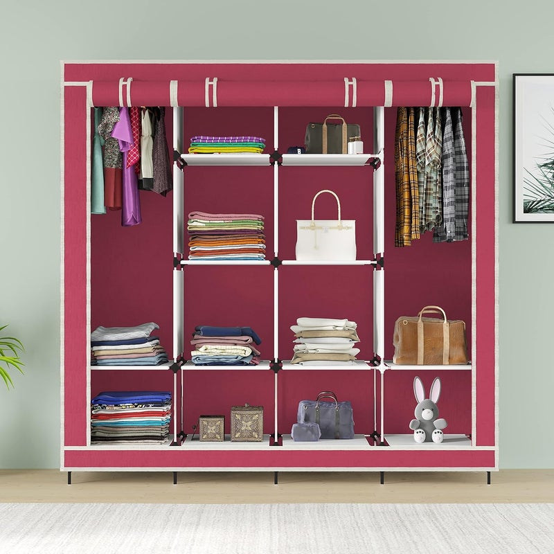 Whitecloud TRANSFORMING HOMES Whitecloud TRANSFORMING HOMES Collapsible Wardrobe for Clothes with 12 Shelves 2 HangerNon Woven Febric 90GSM Metal Rod 145X38X145cm88270 Maroon  - Image 2