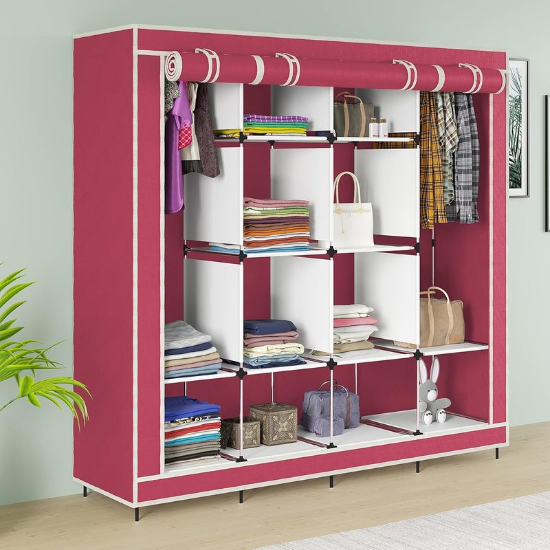 Whitecloud TRANSFORMING HOMES Whitecloud TRANSFORMING HOMES Collapsible Wardrobe for Clothes with 12 Shelves 2 HangerNon Woven Febric 90GSM Metal Rod 145X38X145cm88270 Maroon  - Image 1