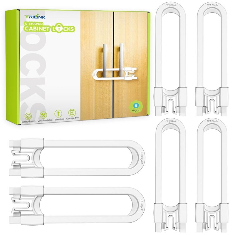 TriLink 6 Pack Adjustable Cabinet Locks for Babies UShaped Baby Proofing Child Locks for Kids Toddlers Safety Sliding Door latches for Cabinets Drawer Closet Fridge Door Knob Handle Kitchen Home Safe - Image 1