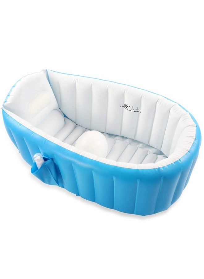 إنتايم حوض استحمام قابل للنفخ للأطفال، حوض استحمام محمول للأطفال الصغار غير قابل للانزلاق، حوض استحمام صغير للسفر، حوض سباحة هوائي للأطفال، حوض استحمام سميك قابل للطي مع مضخة هواء، أزرق - Image 1