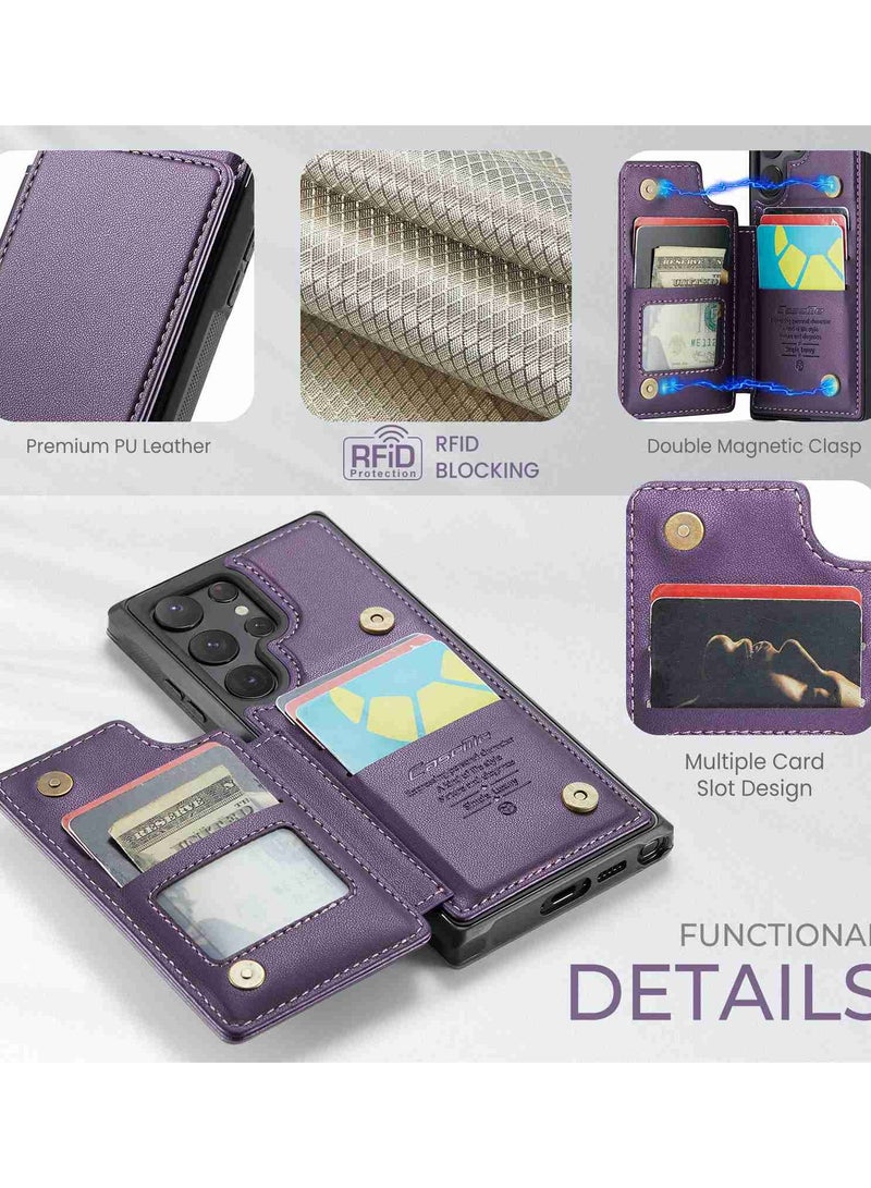 CaseMe Wallet Case for Samsung Galaxy S22 Ultra, Premium Handmade Durable PU Leather Slim Shockproof Case with [Double Magnetic Clasp] [Card Holder] [Kickstand] [RFID Blocking] (Purple)  - Image 4