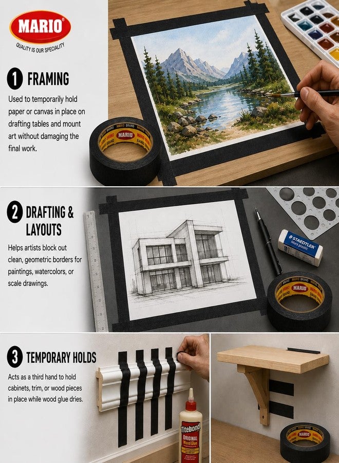 Mario Black Masking Tape - 20 Meter Length, 12mm Width - High Grip Adhesive Tape for Painting, DIY, Furniture & Craft - Easy Tear, Clean Peel - Pack of 2 Rolls - Image 3