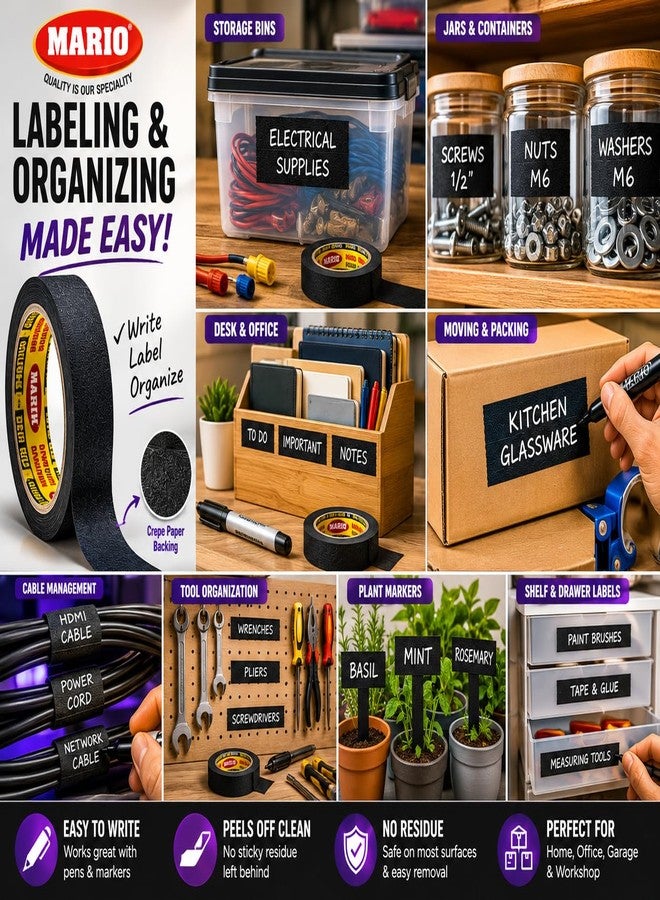 Mario Black Masking Tape - 20 Meter Length, 12mm Width - High Grip Adhesive Tape for Painting, DIY, Furniture & Craft - Easy Tear, Clean Peel - Pack of 2 Rolls - Image 2