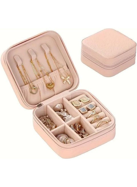 Mini Jewelry Box, Portable Travel Leather Case Organizer for Ring, Pendant, Earring, Necklace, Bracelet Storage (Pink, Small)