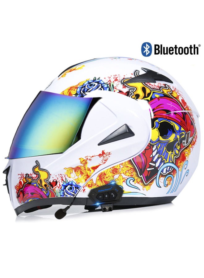 Men's Bluetooth Open-Face Electric Motorcycle Helmet with Colorful Mirrored Visor, Bright White Skull Design, 3C Certified