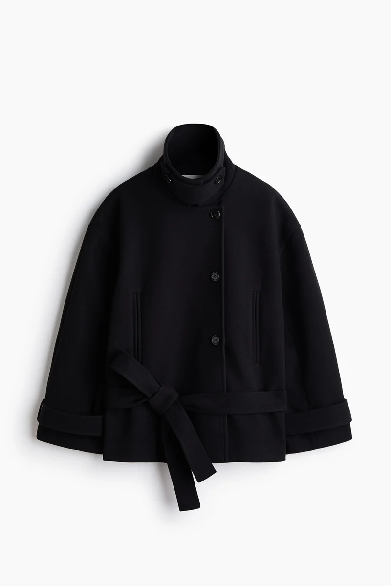 Funnel-collar tie-belt jacket