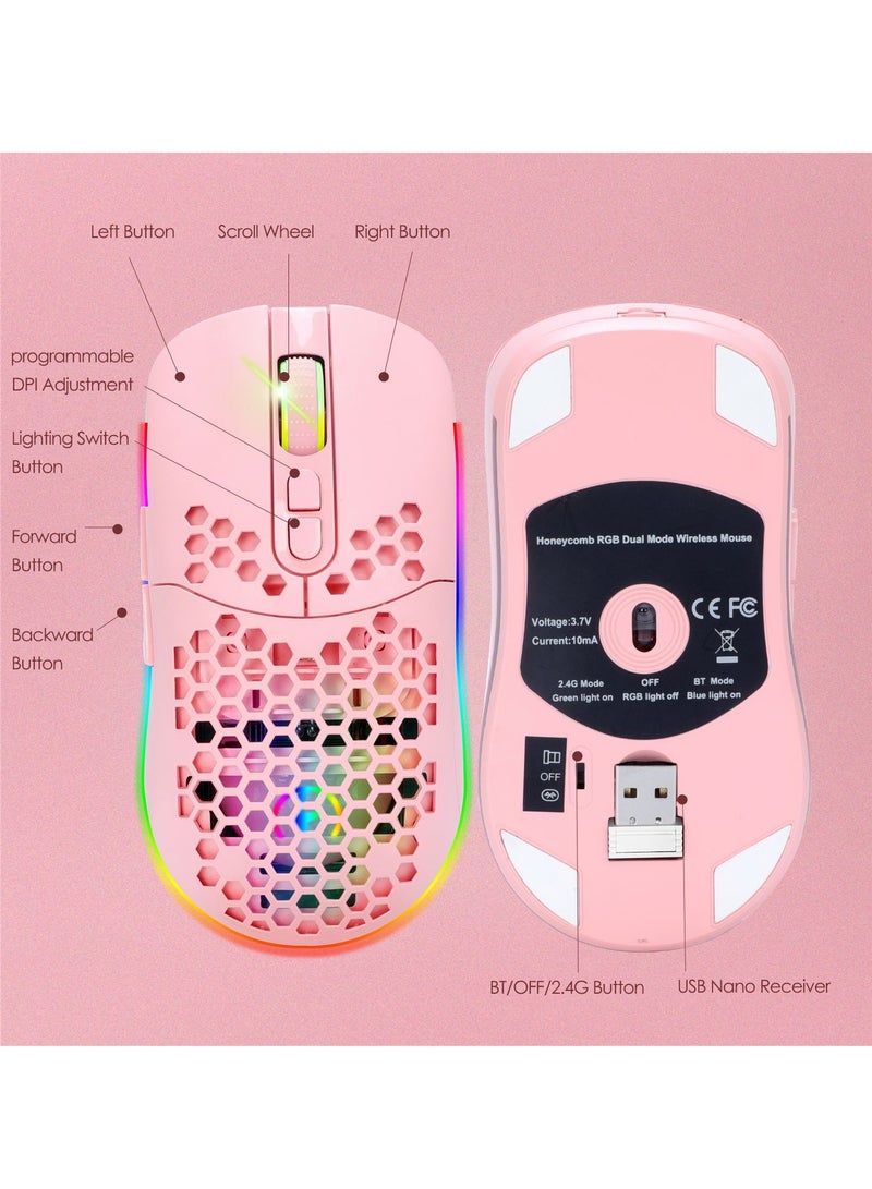 Charging Hole Dual Mode Bluetooth Wireless Mouse, Lightweight Silent Cellular RGB Luminous Pink Mouse - Image 5