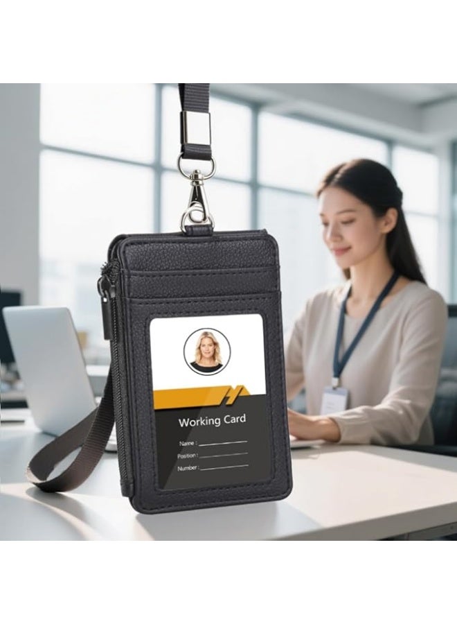 SUCITY  PU Leather ID Card Holder with Lanyard, Zipper Wallet Multi Slot Badge Holder, Anti-Lost Card Case for Office Travel - Image 5