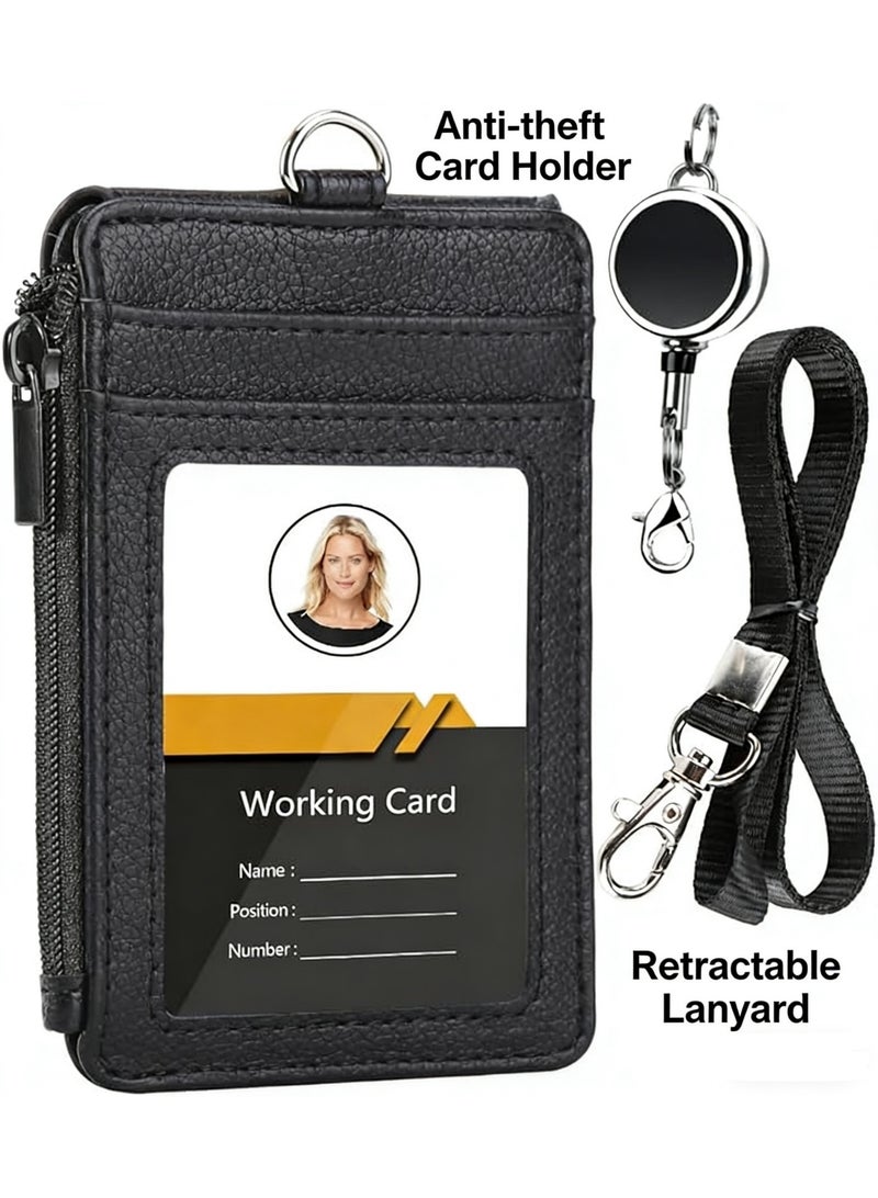 SUCITY  PU Leather ID Card Holder with Lanyard, Zipper Wallet Multi Slot Badge Holder, Anti-Lost Card Case for Office Travel - Image 1