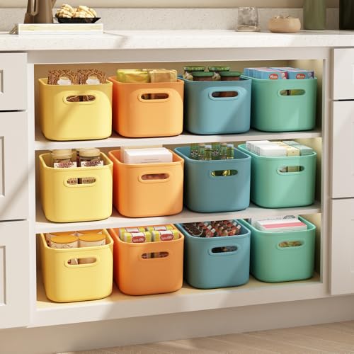BOBIBOSS 12 Pack Colorful Storage Bins for Shelves, Plastic Storage Containers for Organizing, Stackable Storage Boxes with Handle, Colored Storage Bins for Classroom, Craft, Snacks, Cabinet, 9.7x6.7x5.7 inch - Image 5