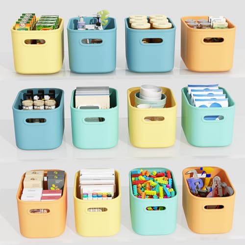 BOBIBOSS 12 Pack Colorful Storage Bins for Shelves, Plastic Storage Containers for Organizing, Stackable Storage Boxes with Handle, Colored Storage Bins for Classroom, Craft, Snacks, Cabinet, 9.7x6.7x5.7 inch - Image 1