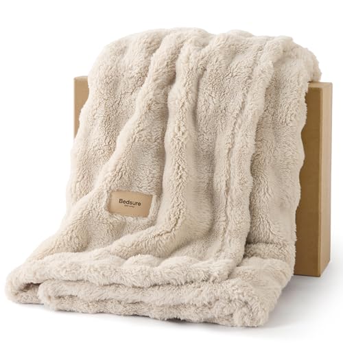 Bedsure 3D Fleece Bubble Blanket for Couch GentleSoft Beige Twin Blanket for Sofa Bed Room Decor Luxury Soft Cozy Gifts for Women Lightweight All Seasons Beige 6080 - Image 1