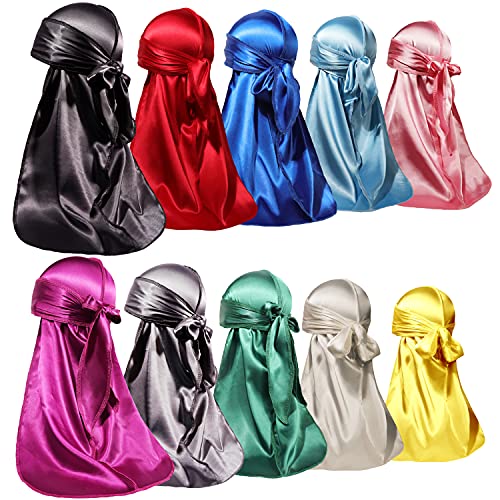 ForceWave 10 Pieces Silky Durags Long Tail for Women Men Satin Durag 360 wave，Dorag, 10 Colors - Image 1