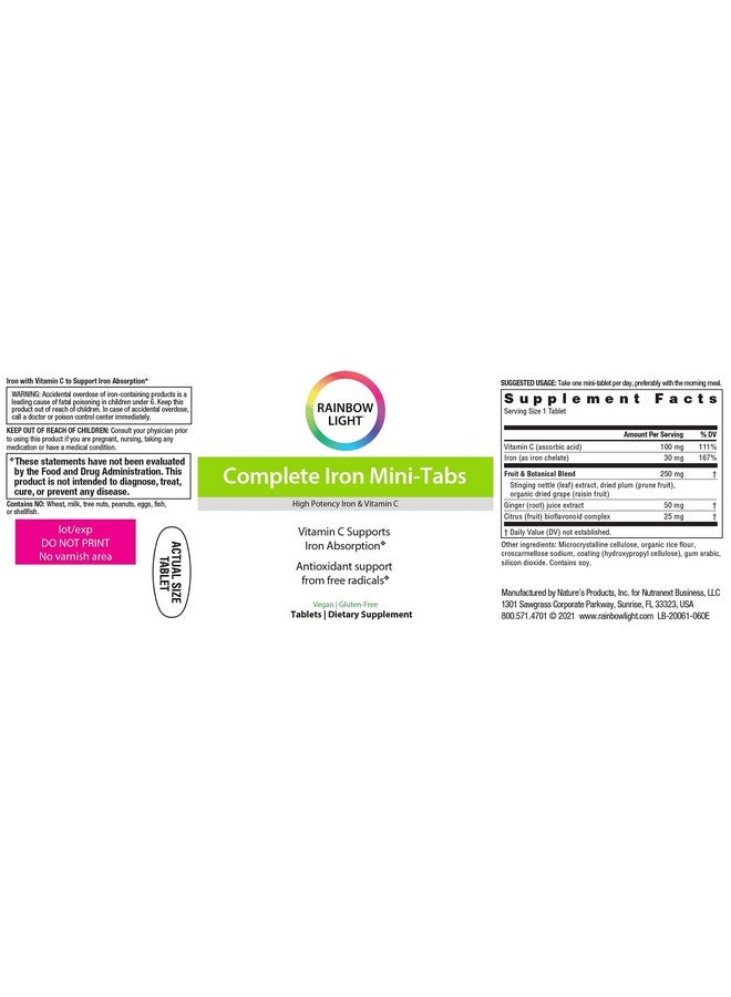 Rainbow Light Rainbow Light - Complete Iron Mini-Tabs, Gently Encourages Healthy Iron Levels by Promoting Iron Absorption with Ferractiv Iron, Vitamin C and Ginger, Vegan, Gluten-Free, Non-Constipating, 60 Tablets - Image 3