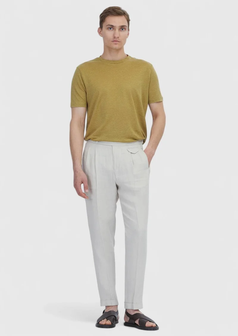 RAMSEY Oil Green Plain Crew Neck 100% Linen T-Shirt