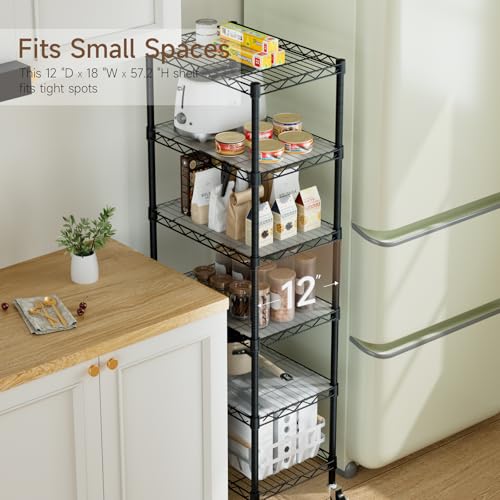 Golpart Small 6 Tier Shelves Storage Wire Shelving Unit Metal Shelf Adjustable Organizers Storage Shelving with Wheels for Bathroom Laundry Room Kitchen Pantry12”D x 18”W x 61.6”H Black - Image 4
