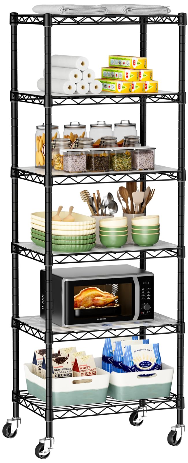 Golpart Small 6 Tier Shelves Storage Wire Shelving Unit Metal Shelf Adjustable Organizers Storage Shelving with Wheels for Bathroom Laundry Room Kitchen Pantry12”D x 18”W x 61.6”H Black - Image 1