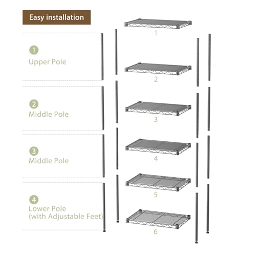Golpart Small 6 Tier Shelves Storage Wire Shelving Unit Metal Shelf Adjustable Organizers Storage Shelving with Wheels for Bathroom Laundry Room Kitchen Pantry12”D x 18”W x 61.6”H Black - Image 5