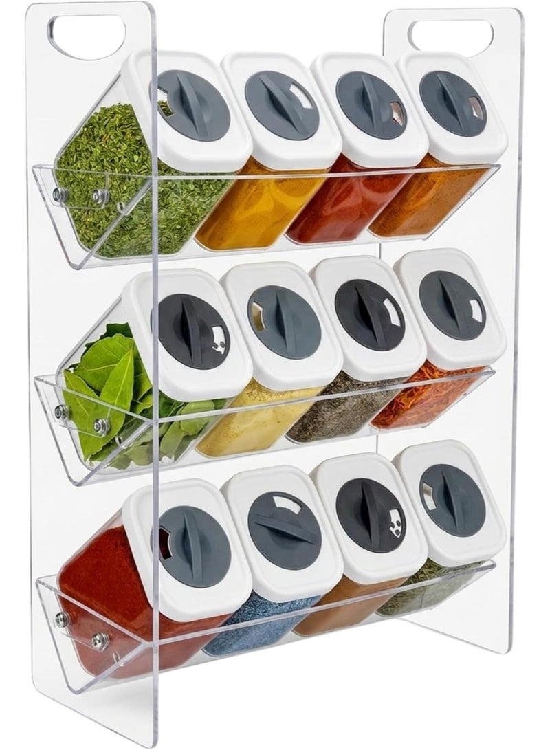 Acrylic Multi-Tier Spice Organizer Rack with 12 Spice Jars 250ml Each and Rotating Pour Lids – Space Saving Kitchen Seasoning Storage Holder for Spices, Herbs and Homemade Blends, Angled Design for Easy Access and Visibility, Modern Countertop and Cabinet Spice Organization System - Clear - Image 1
