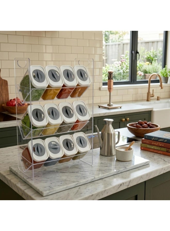 Acrylic Multi-Tier Spice Organizer Rack with 12 Spice Jars 250ml Each and Rotating Pour Lids – Space Saving Kitchen Seasoning Storage Holder for Spices, Herbs and Homemade Blends, Angled Design for Easy Access and Visibility, Modern Countertop and Cabinet Spice Organization System - Clear - Image 3