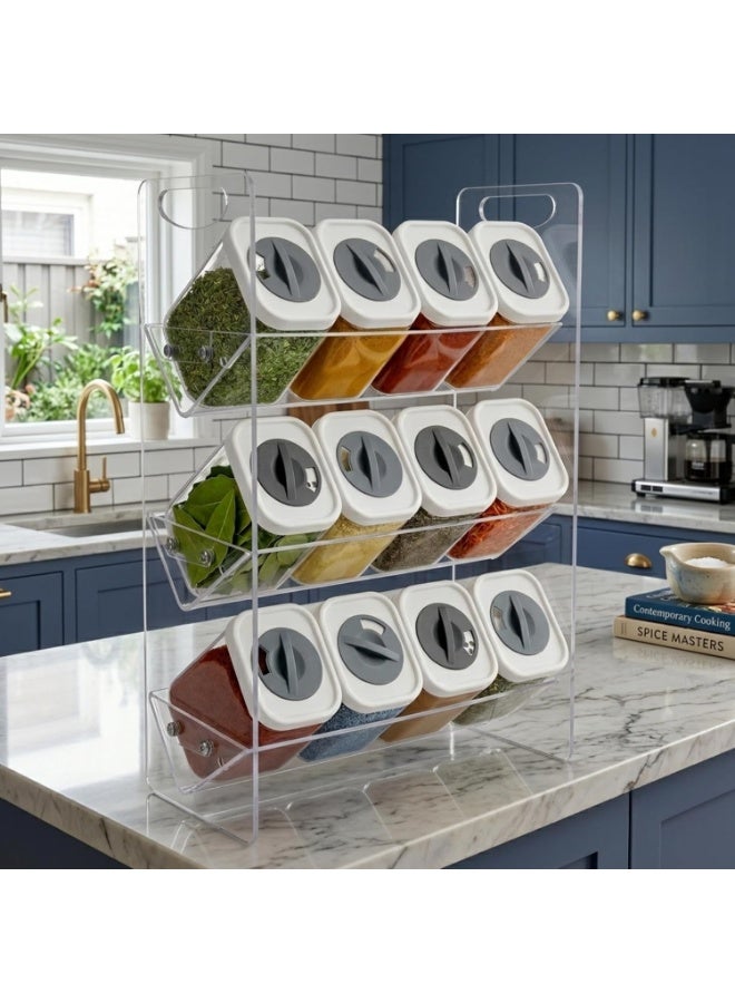Acrylic Multi-Tier Spice Organizer Rack with 12 Spice Jars 250ml Each and Rotating Pour Lids – Space Saving Kitchen Seasoning Storage Holder for Spices, Herbs and Homemade Blends, Angled Design for Easy Access and Visibility, Modern Countertop and Cabinet Spice Organization System - Clear - Image 5