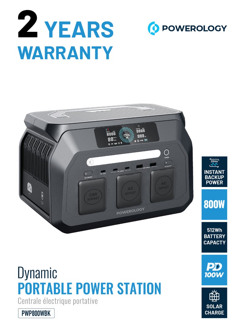 باورولوجي محطة طاقة محمولة Dynamic800 بقدرة 800 واط / سعة بطارية 512 واط في الساعة / مولد طاقة محمول / مولد للتخييم والأنشطة الخارجية / مولد طاقة شمسية / شحن سريع في 1.2 ساعة - أسود - Image 1