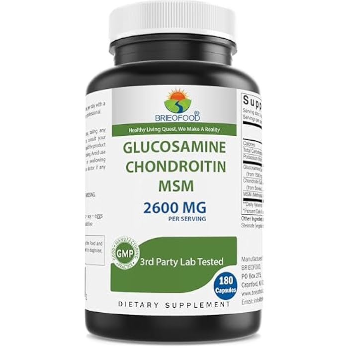 Brieofood Triple Strength Glucosamine Chondroitin MSM 2600mg/Serving Capsules, Supports Healthy Joint, Cartilage and Connective Tissue - Promotes Joint Comfort & Flexibility 180 Count - Image 1