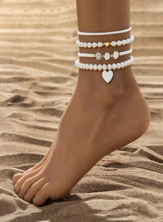 ANGLEQUEEN Bracelets for Women Trendy Pearl Anklets Bracelet Summer Beach Accessorie Boho Vacation Jewelry Waterproof White-Anklet - Image 3