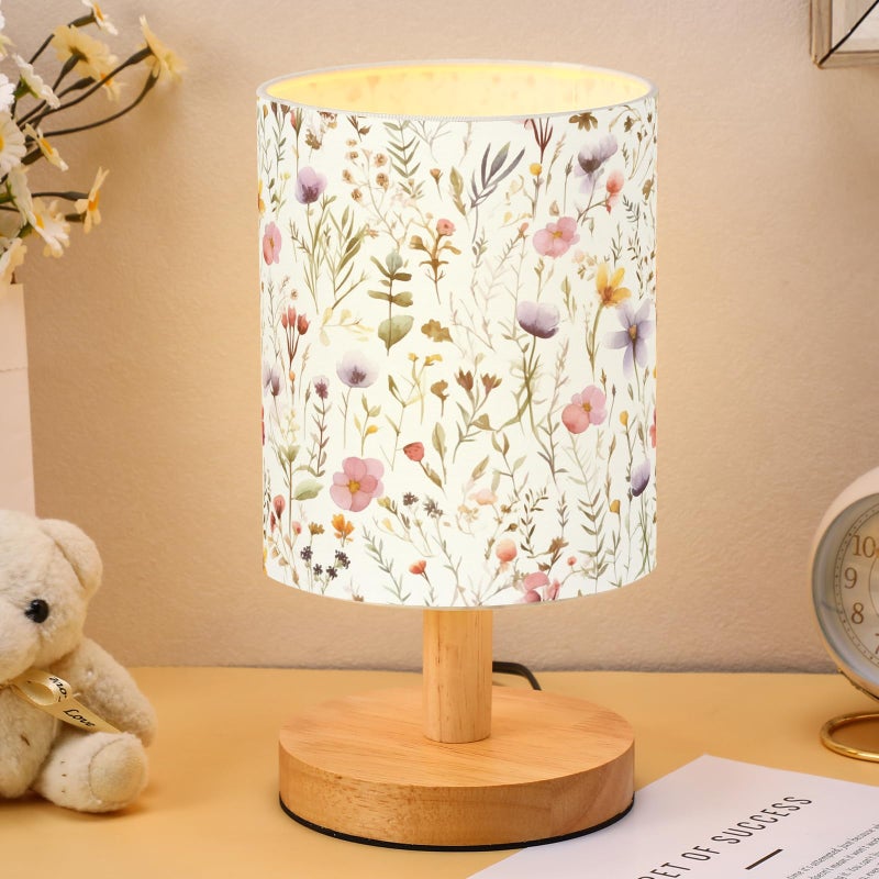 VIHOSE Wildflower Kids Table Lamp for Bedroom Kids Bedside Lamp with Linen Wooden Nightstand Cartoon Nursery Lampshade for Girls Boys Living Room - Image 1