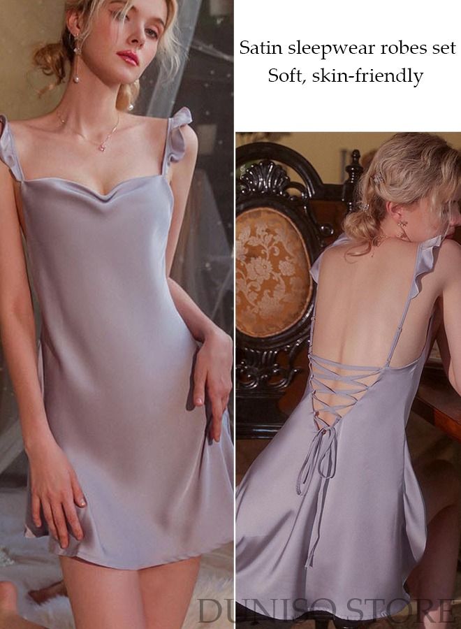 DUNISO 3-piece Women's Night Dress Set with Robe Waistband Sweet Silky Nightgown Solid Pajama Dress Sleepwear Girls Comfortable Nightwear Summer Home Wear Lounge Dress - Image 3
