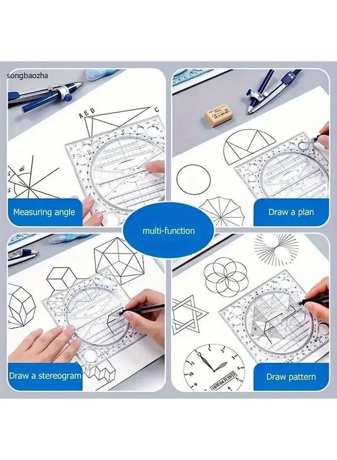 2 Pack Blue Black Multifunctional Rotating Geometry Drawing Board 360 Degree Protractor Ruler Compass - Image 5
