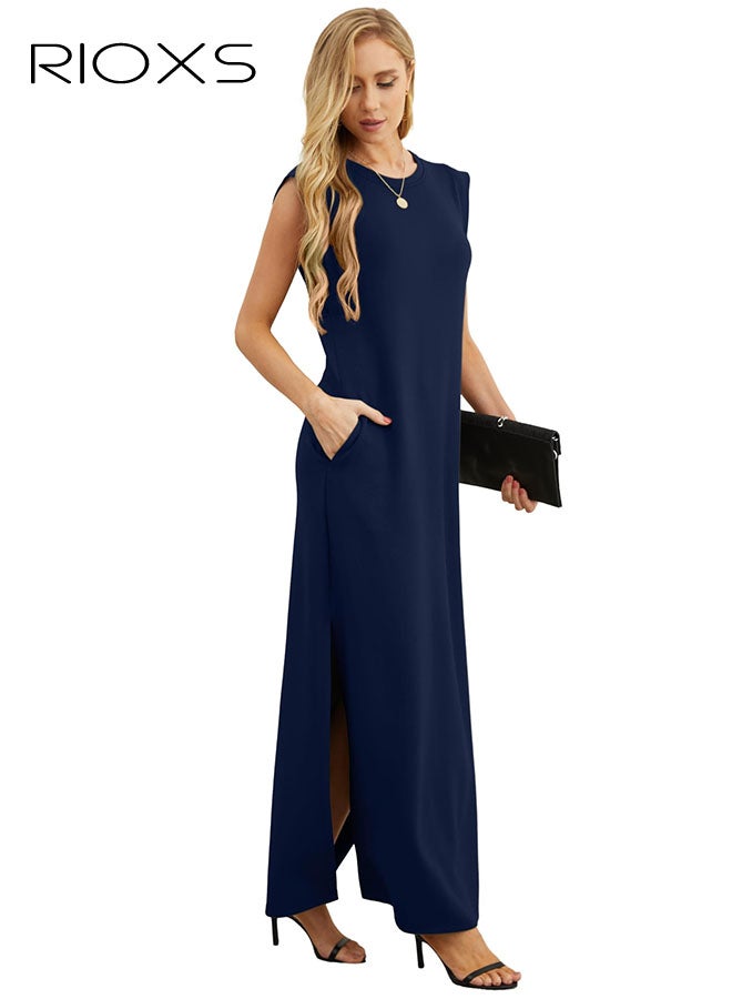 ريوكس فساتين نسائية، فستان نسائي طويل برقبة مستديرة، فستان كاجوال فضفاض خالٍ من التجاعيد، فستان ماكسي نسائي بجيوب جانبية، فستان كلاسيكي بدون أكمام بلون خفيف، فستان بدون أكمام كلاسيكي، فساتين بطول الكاحل للنساء، فستان عصري للعمل/العطلات/التسوق/الملابس اليومية - Image 4