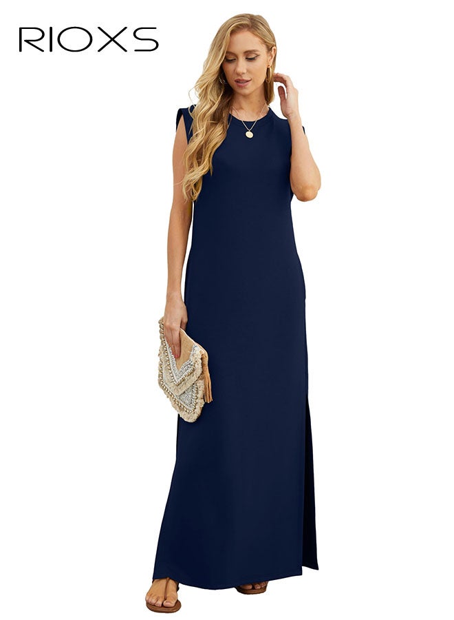 ريوكس فساتين نسائية، فستان نسائي طويل برقبة مستديرة، فستان كاجوال فضفاض خالٍ من التجاعيد، فستان ماكسي نسائي بجيوب جانبية، فستان كلاسيكي بدون أكمام بلون خفيف، فستان بدون أكمام كلاسيكي، فساتين بطول الكاحل للنساء، فستان عصري للعمل/العطلات/التسوق/الملابس اليومية - Image 3