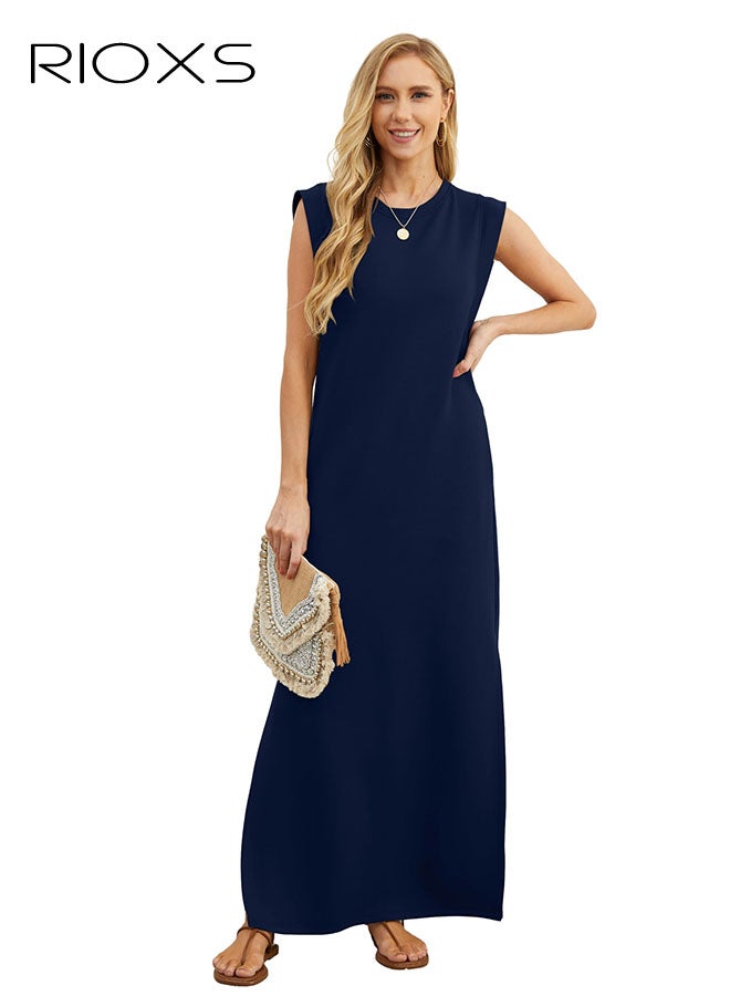 ريوكس فساتين نسائية، فستان نسائي طويل برقبة مستديرة، فستان كاجوال فضفاض خالٍ من التجاعيد، فستان ماكسي نسائي بجيوب جانبية، فستان كلاسيكي بدون أكمام بلون خفيف، فستان بدون أكمام كلاسيكي، فساتين بطول الكاحل للنساء، فستان عصري للعمل/العطلات/التسوق/الملابس اليومية - Image 1