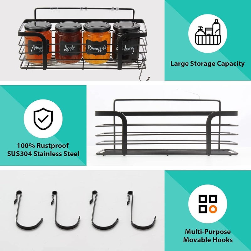 JIALTO 1 Pcs Adhesive Shower Caddy with 3 Hooks, No Drilling Wall Mounted Rustproof Stainless Steel Shower Shelf, SUS 304 Stainless Steel Organization for Bathroom, Kitchen (30L*12W*12H CM, Black) - Image 2