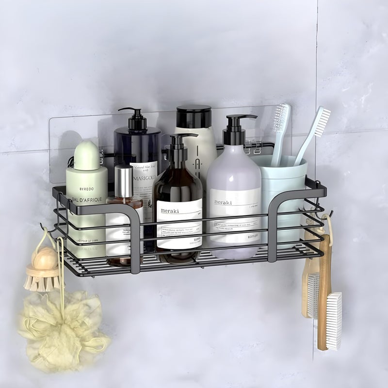 JIALTO 1 Pcs Adhesive Shower Caddy with 3 Hooks, No Drilling Wall Mounted Rustproof Stainless Steel Shower Shelf, SUS 304 Stainless Steel Organization for Bathroom, Kitchen (30L*12W*12H CM, Black) - Image 1