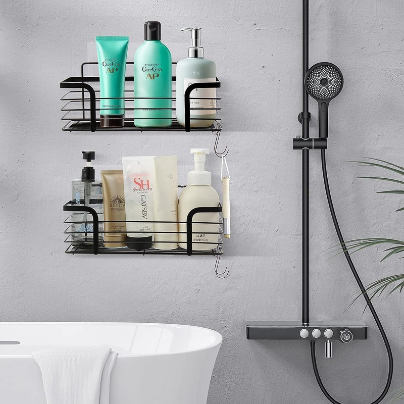 JIALTO 1 Pcs Adhesive Shower Caddy with 3 Hooks, No Drilling Wall Mounted Rustproof Stainless Steel Shower Shelf, SUS 304 Stainless Steel Organization for Bathroom, Kitchen (30L*12W*12H CM, Black) - Image 3