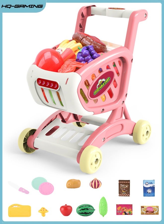 HQ-GAMING Toy Shopping Cart for Kids, Trolley Play Set with Pretend Food Fruits Vegetables and Accessorie, Grocery Shopping Cart Pretend Play and Role Play Kitchen Toys (Pink)  - Image 1