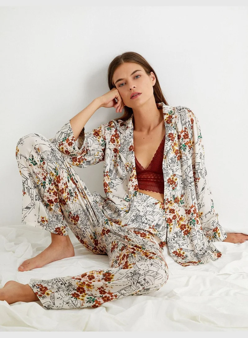 KOTON Lapel Collar Patterned Button Front Long Sleeve Pajamas Top