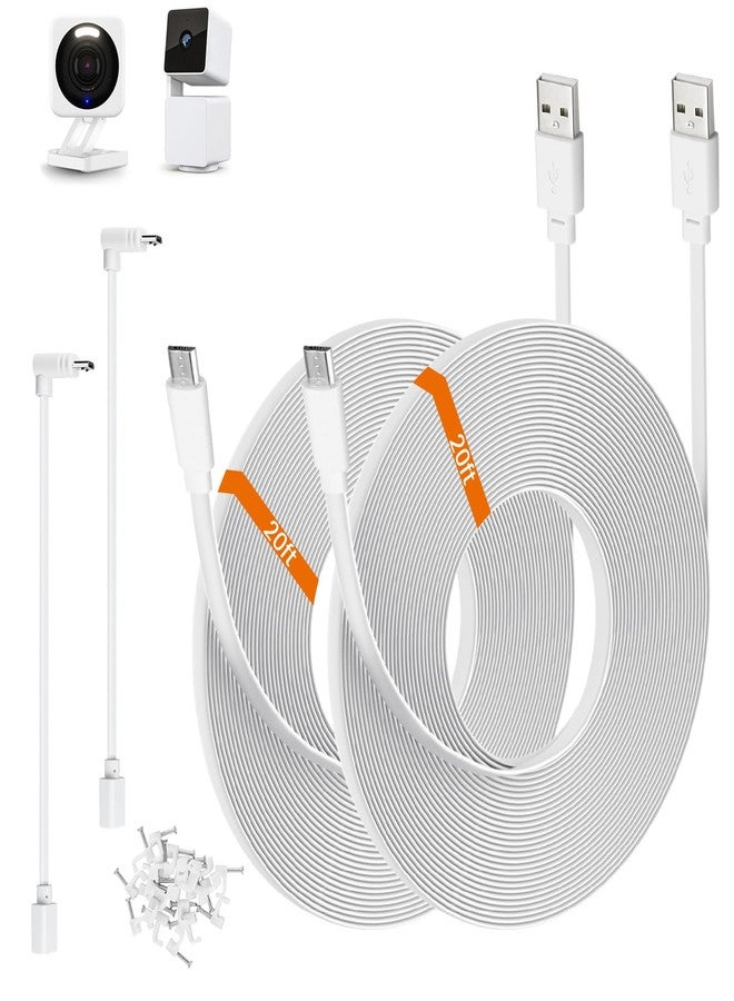 weishan 2-Pack 20ft Power Extension Cable Compatible with Wyze Cam v4,Wyze Cam Pan v3,Wyze OG,Wyze Cam v3 and v3 Pro Security Cameras - 6m Long Flat USB to Micro USB Charging Cord with L-Shaped Adapter, White - Image 1