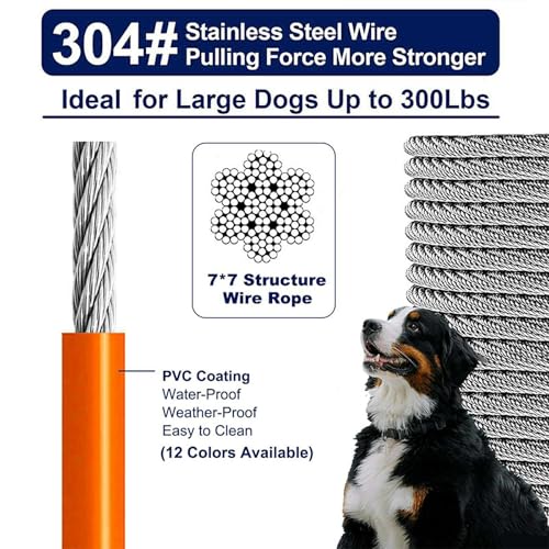 WATFOON Tie Out Cable for Dogs Up to 300lbs,50ft Extra Strong 1000lbs Break Strength Tie-Out Tether Trolley Training Lead,Dog Run Cable for Yard Garden Park Camping Outside (Orange, 300lbs 50ft) - Image 2