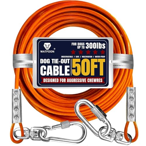 WATFOON Tie Out Cable for Dogs Up to 300lbs,50ft Extra Strong 1000lbs Break Strength Tie-Out Tether Trolley Training Lead,Dog Run Cable for Yard Garden Park Camping Outside (Orange, 300lbs 50ft) - Image 1