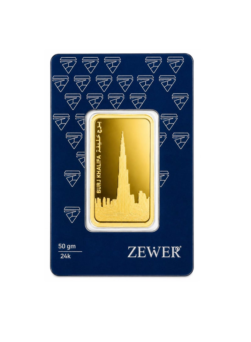 Zewer 50g 24 Karat (999.9) Fine Gold Bar with Burj Khalifa Design - Image 2