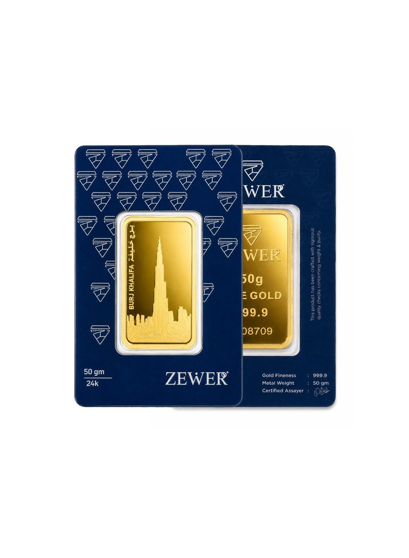 Zewer 50g 24 Karat (999.9) Fine Gold Bar with Burj Khalifa Design - Image 3