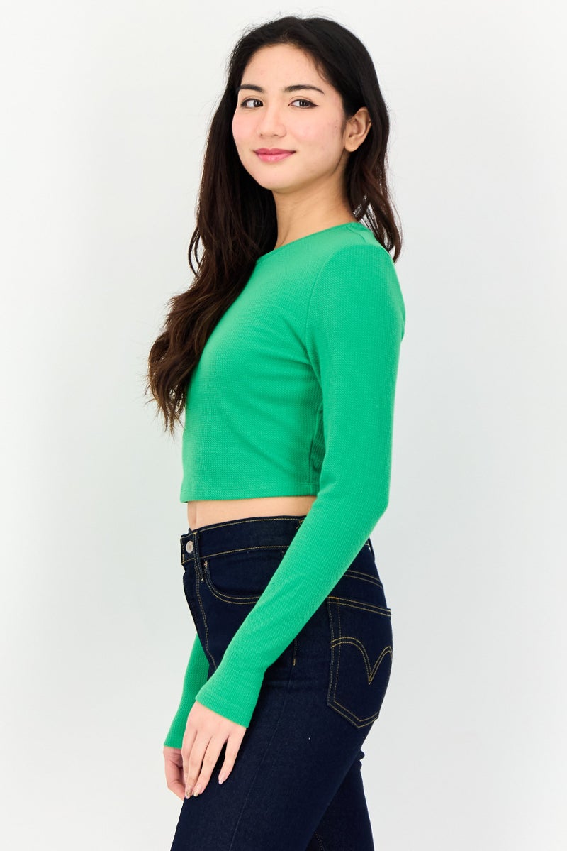 Reserved Women Round Neck Long Sleeve Textured Top, Green - Image 2